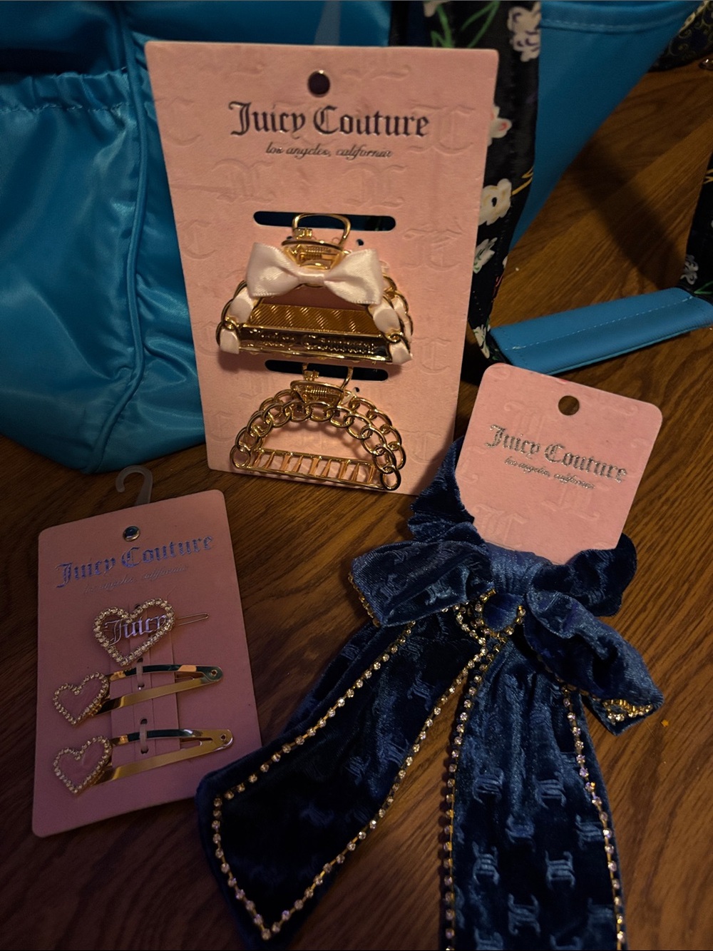 Juicy Couture Navy Velvet Bow Hair Clip with Gold Bead Trim